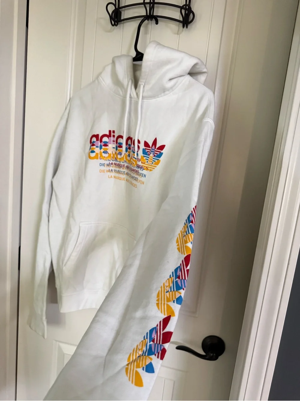 adidas White Hoodie with Red, Yellow & Blue Trefoil Graphics